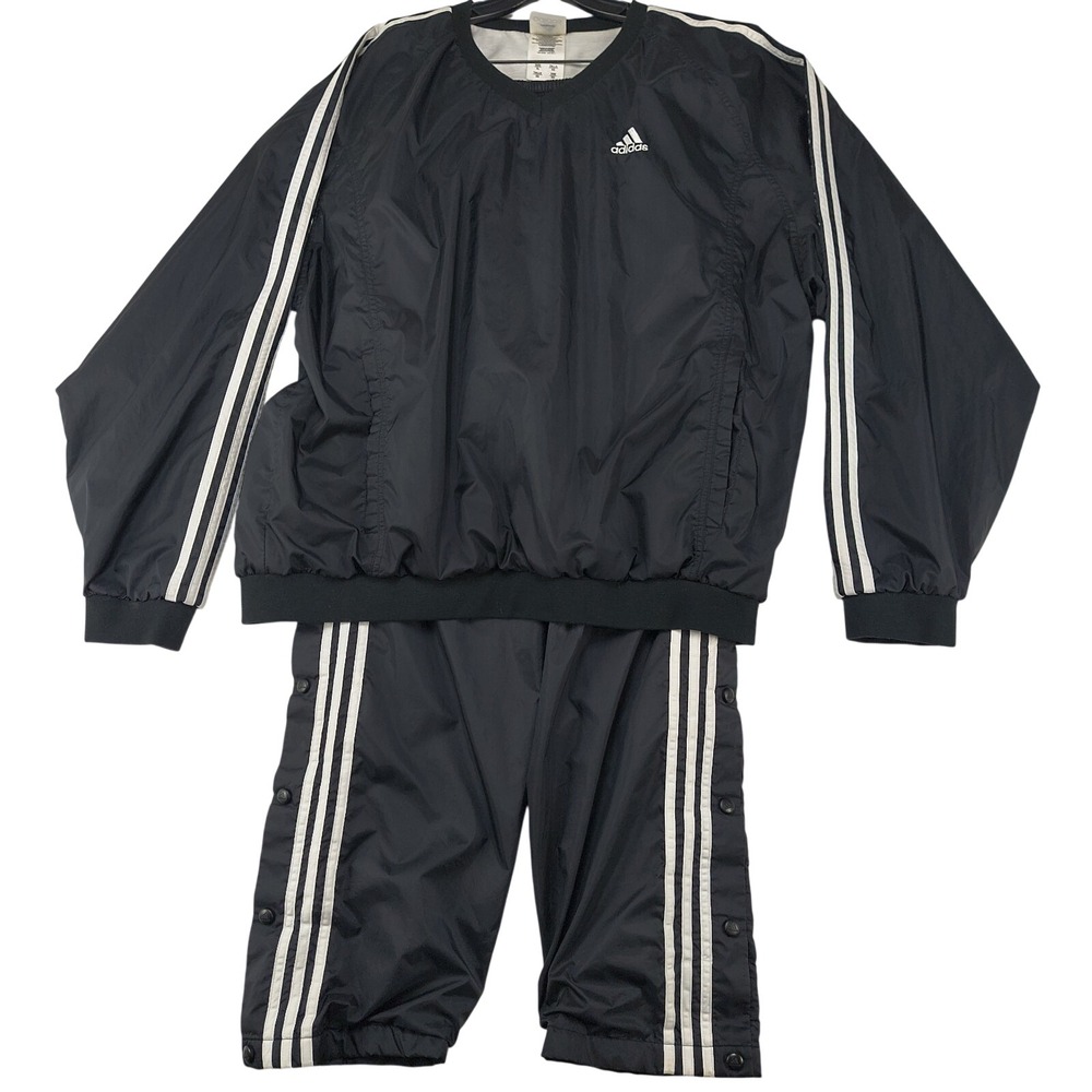 Adidas Mens XL Tracksuit Black‎ White 3-Stripes Windbreaker Pullover Snap Pants